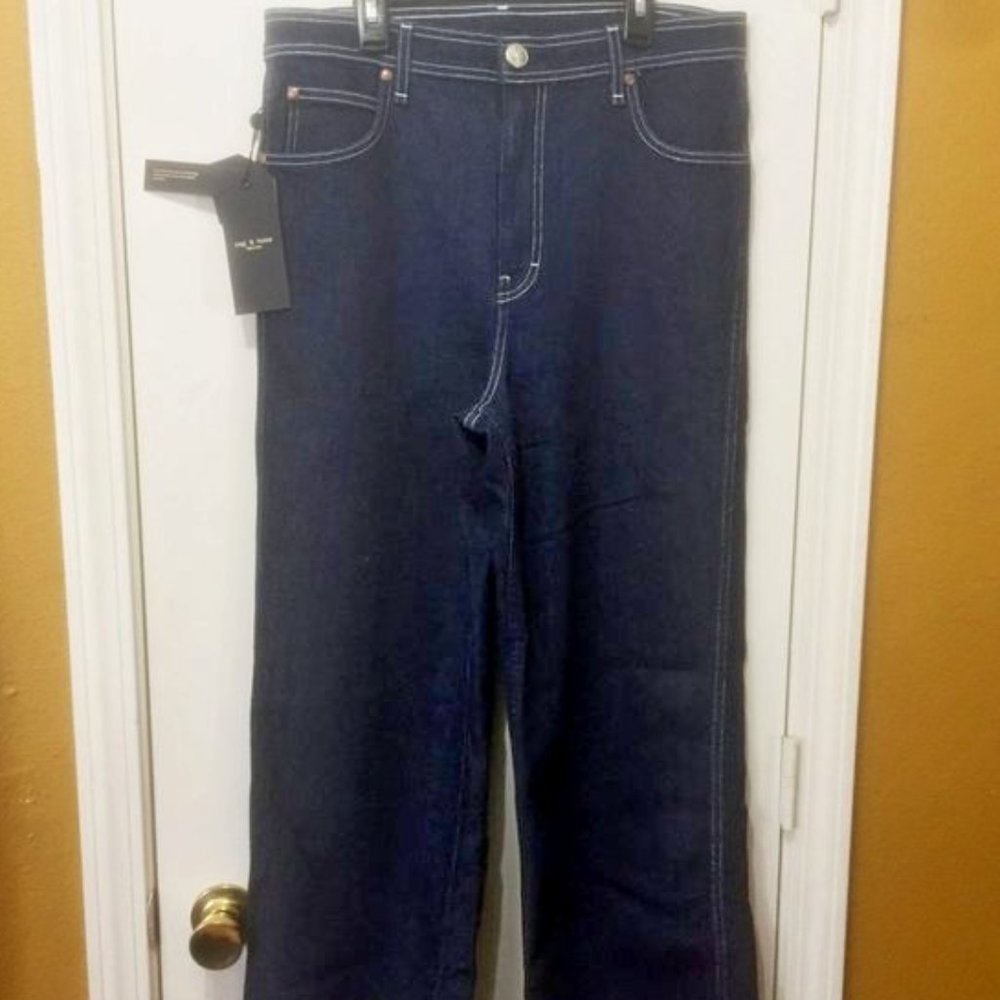 Rag & Bone women's dark indigo high rise relaxed fit raw hem jeans 32x30